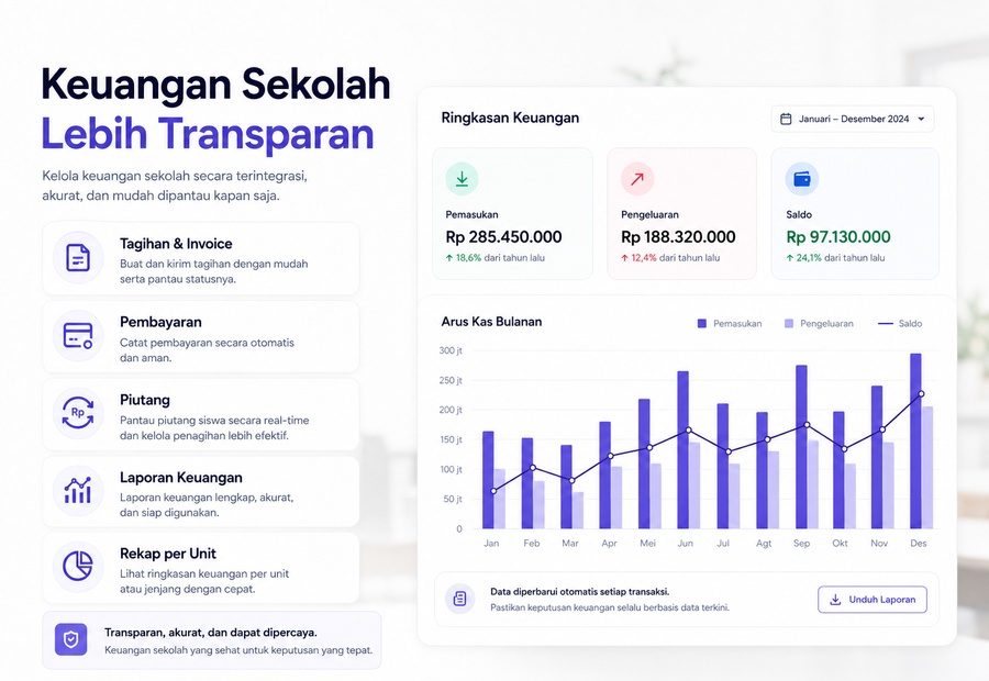 Tagihan dan pembayaran lebih mudah dipahami ketika selalu terkait dengan siswa, unit, dan periode yang benar.