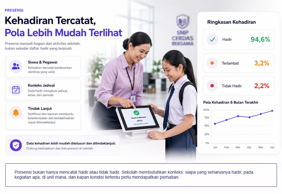Daftar hadir menjadi lebih berguna ketika terhubung dengan siswa, pegawai, jadwal, dan tindak lanjut.
